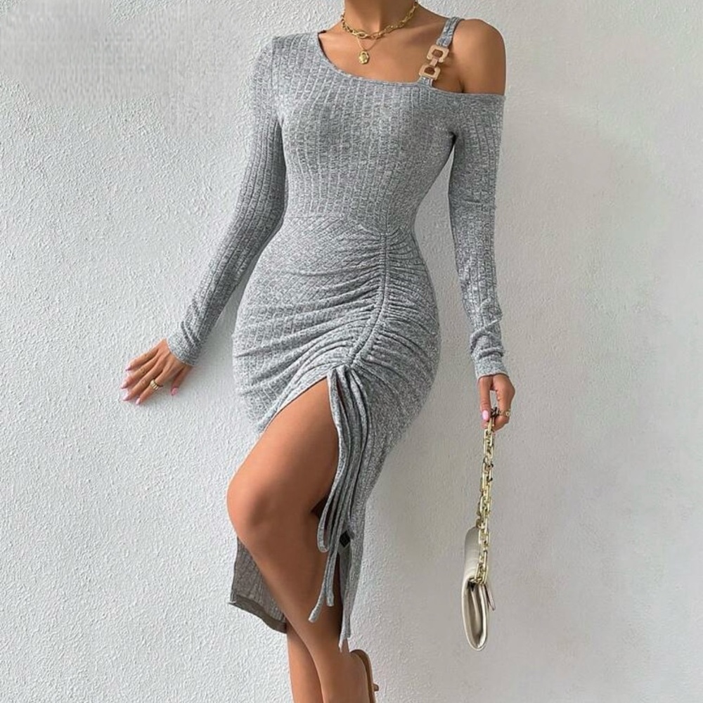 Elegant Gray Ruched Dress